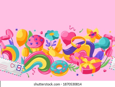 Happy Valentine Day seamless pattern. Holiday background with romantic items and love symbols.