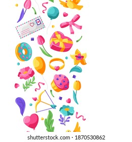 Happy Valentine Day seamless pattern. Holiday background with romantic items and love symbols.
