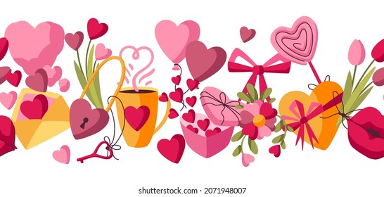 Happy Valentine Day seamless pattern. Holiday background with romantic and love symbols.