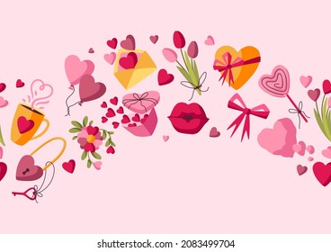 Happy Valentinstag nahtloses Muster. Urlaubshintergrund mit romantischen und Liebessymbolen.