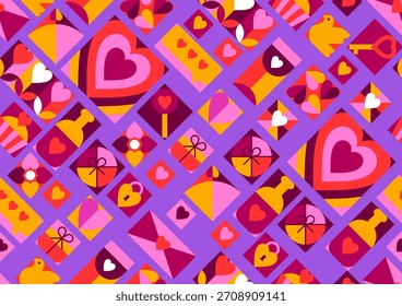 Feliz Dia dos Namorados padrão sem costura. Fundo de férias com itens românticos e símbolos de amor.