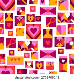 Happy Valentine Day seamless pattern. Holiday background with romantic items and love symbols.