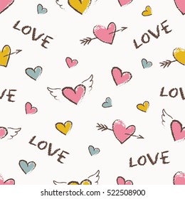 Happy Valentine Day seamless pattern. Vector cute hand drawn red hearts with angel wings and arrows. Seamless texture for wallpapers, pattern fills, web page backgrounds
