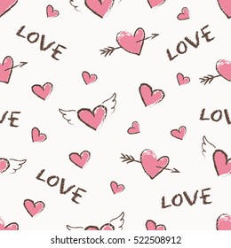 Happy Valentine Day seamless pattern. Vector cute hand drawn red hearts with angel wings and arrows. Seamless texture for wallpapers, pattern fills, web page backgrounds.