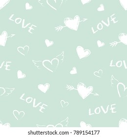 Happy Valentine Day seamless pattern. Vector cute hand drawn hearts with angel wings and arrows. Vintage style. Seamless texture for wallpapers, pattern fills, web page backgrounds.