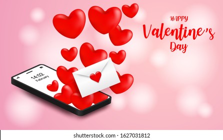 Happy Valentine day. sending love message concept. Design with mobile phone sending red heart and Love letter on pink background. Vector. illustration.