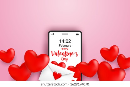 Happy Valentine day. sending love message concept. Design with mobile phone sending red heart and Love letter on pink background. Vector. illustration.