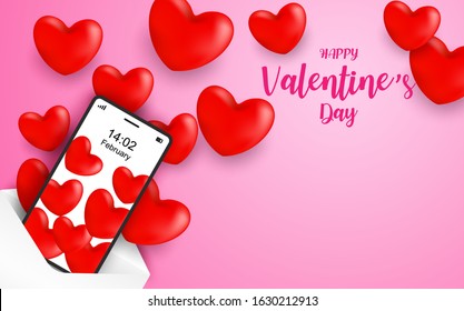 Happy Valentine day. sending love message concept. Design with mobile phone sending red heart and Love letter on pink background. Vector. illustration.