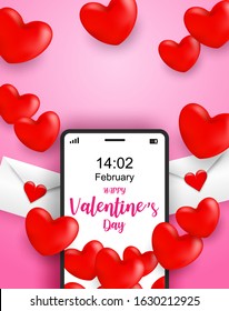 Happy Valentine day. sending love message concept. Design with mobile phone sending red heart and Love letter on pink background. Vector. illustration.