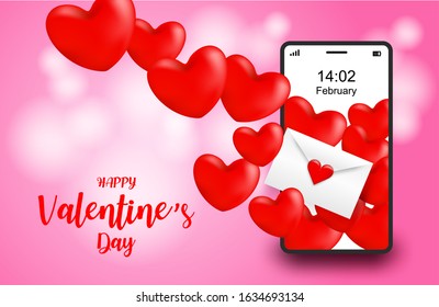 Happy Valentine day. sending love message concept. Design with mobile phone sending red heart and Love letter on pink background. Vector. illustration.
