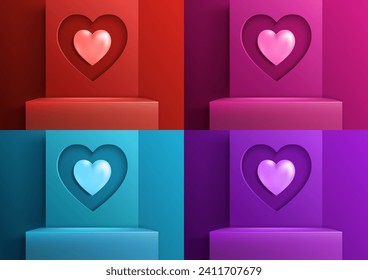 Happy valentine day set of 3D realistic vibrant podium platform with heart on bright color background. You can use for product display mockup for lover. Vector illustration