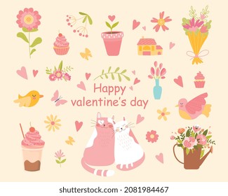 Happy Valentine Day Set. Cute stickers with cuddling cats, bouquets, hearts, butterflies and sweets. Design elements for greeting cards. Cartoon flat vector collection isolated on pink background