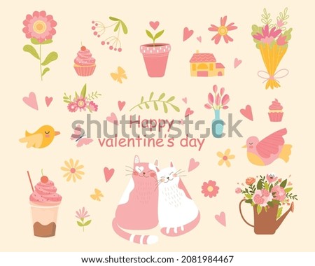 Happy Valentine Day Set. Cute stickers with cuddling cats, bouquets, hearts, butterflies and sweets. Design elements for greeting cards. Cartoon flat vector collection isolated on pink background