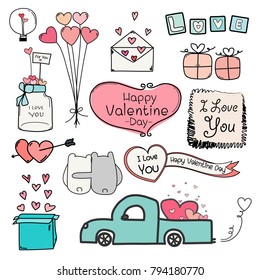 Happy Valentine Day. Set Of Doodle Valentine Day Labels And Typography Elements. Handmade Vector Illustration For Your Wedding Card Design.