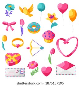 Happy Valentine Day set. Holiday romantic items and love symbols.