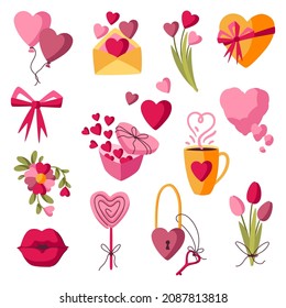 Happy Valentine Day set. Holiday romantic and love symbols.