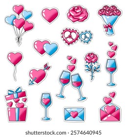 Happy Valentine Day set. Holiday romantic stickers and love symbols.