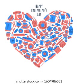 Happy valentine day with Set of vector kitchen equipments in doodle style. Heart badge of vector kitchen equipments in doodle style. Collection of kitchen dishes and tools objects.
