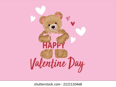 happy valentine day slogan teddy bear drawing vector