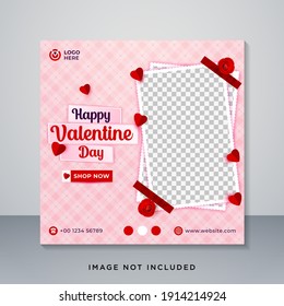 Happy Valentine Day Social Media Post Banner Template. Red background with love paper and red rose decoration. Usable for post banner, background, and cover.