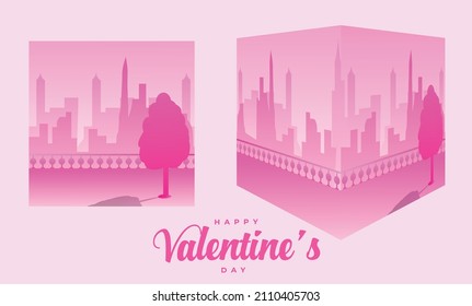Happy valentine day special vector illustration. Pink Cityscape in perspective view. Buildings panorama vector design.
