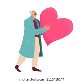 Happy Valentine Day Surprise. Old Retired Senior Man holding Huge Heart Present.Loving Elderly Person, Aged Character go to Dating, Seniors Love, Romance Feelings. Cartoon People Vector Illustration