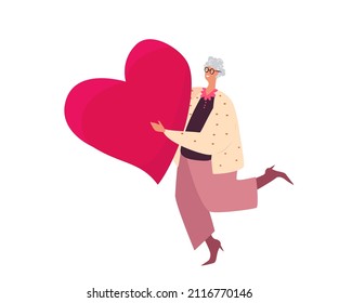 Happy Valentine Day Surprise. Old Retired Senior Woman holding Huge Heart Present.Loving Elderly Person, Aged Character go to Dating, Seniors Love, Romance Feelings. Cartoon People Vector Illustration