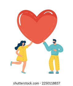 Happy Valentine Day Surprise. Tiny Man and woman are holding Huge Heart Present. Loving Person, Character go to Dating, Seniors Love, Romance Feelings. Cartoon People Vector Illustration.