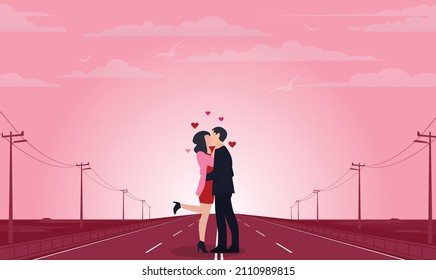 Happy valentine day sweet couple in love hug and kiss on the romantic road.