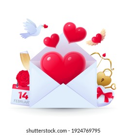 Happy Valentine Day symbols set. Opened envelope with glossy red hearts flying out, romantic love letter. Holiday, wedding, engagement celebration realistic vector illustration on white background