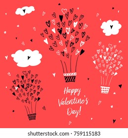 Happy Valentine day. Template poster, banner, gift postcard with sketch balloon. Heart and cloud in sky. Love sign. Vector illustration.