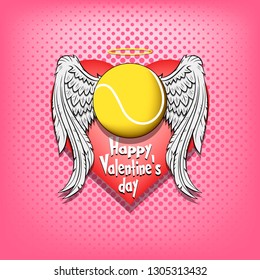 Happy Valentine day. Tennis logo template design. Tennis ball with wings and nimbus. Pattern for banner, poster, greeting card, party invitation. Vector illustration