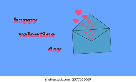 Happy Valentine Day text paired with an open envelope releasing pink hearts on a blue background, ideal for love and romantic themes.