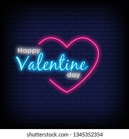 Happy valentine Day Text Vector with a Brick Wall Background. Neon sign  bright signboard  light banner. Vector Illustration