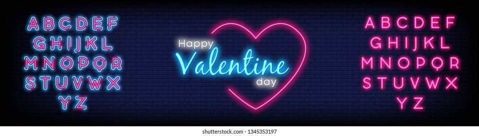 Happy valentine Day Text Vector with a Brick Wall Background. Neon sign  bright signboard  light banner. Vector Illustration. Editing Text Neon Signs