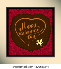 Happy valentine day typography on chocolate background texture vintage style with rose in frame.