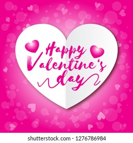 Happy valentine day, valentine's day text on white heart with pink bokeh background