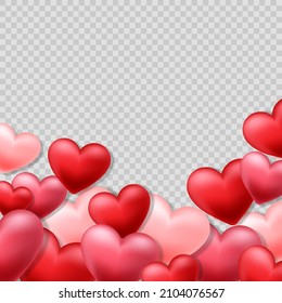 Happy Valentine Day vector design decorated with 3d hearts on png background. Red and pink hearts isolated on transparent background. Cute love banner for Happy Women's, Mother's, birthday.