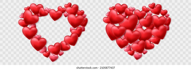 Happy Valentine Day vector design decorated with 3d hearts on png background. Red and pink hearts isolated on transparent background. Cute love banner for Happy Women's, Mother's, birthday.