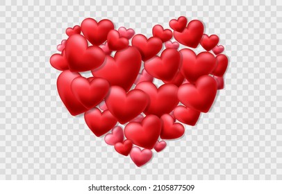 Happy Valentine Day vector design decorated with 3d hearts on png background. Red and pink hearts isolated on transparent background. Cute love banner for Happy Women's, Mother's, birthday.