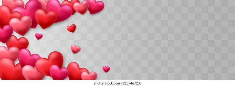 Happy Valentine Day vector design decorated with 3d hearts on png background. Red and pink hearts isolated on transparent background. Cute love banner for Happy Women's, Mother's, birthday.