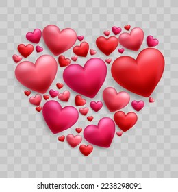Happy Valentine Day vector design decorated with 3d hearts on png background. Red and pink hearts isolated on transparent background. Cute love banner for Happy Women's, Mother's, birthday.