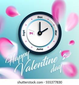 Happy Valentine day vector holiday banner. Modern vector wall clock and blurred pink flying petals background.