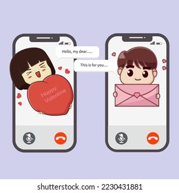 Happy valentine day , vector illustration giving gift each other, cute couple valentine message