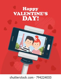 Happy Valentine Day vector illustration. Selfie of young couple in love. Phone dating