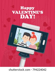 Happy Valentine Day vector illustration. Selfie of young couple in love. Phone dating
