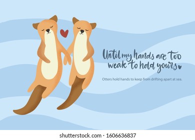 Happy valentine day vector textured animal card in a flat style with quote and real facts about love. Otter aquatic couple swimming together. Romantic illustration.