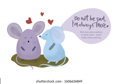 Happy valentine day vector textured mouse animal card in a flat style with quote and real facts about mice love. Don't be sad I am always there. Romantic painting with cool texture.