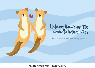 Happy valentine day vector textured animal card in a flat style with quote and real facts about love. Otter aquatic couple swimming together. Romantic illustration.