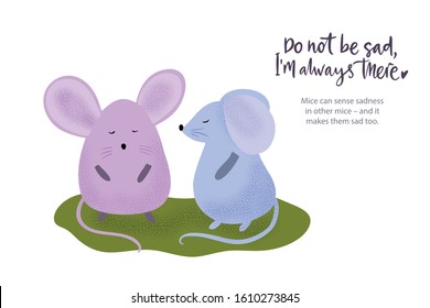 Happy valentine day vector textured mouse animal card in a flat style with quote and real facts about mice love. Don't be sad I am always there. Romantic painting with cool texture.